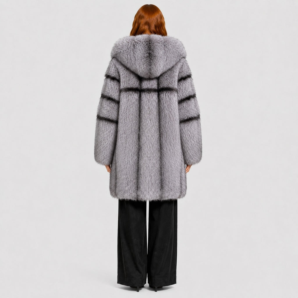 Women's Silver Fox Fur Coat with Hood and Banded Detail