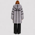Women's Silver Fox Fur Coat with Hood and Banded Detail