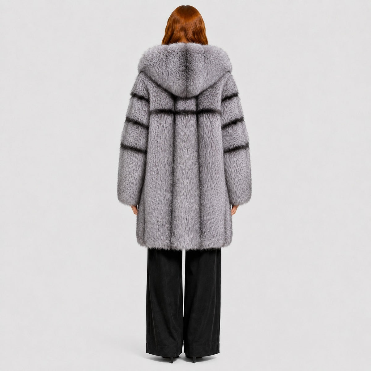 Women's Silver Fox Fur Coat with Hood and Banded Detail
