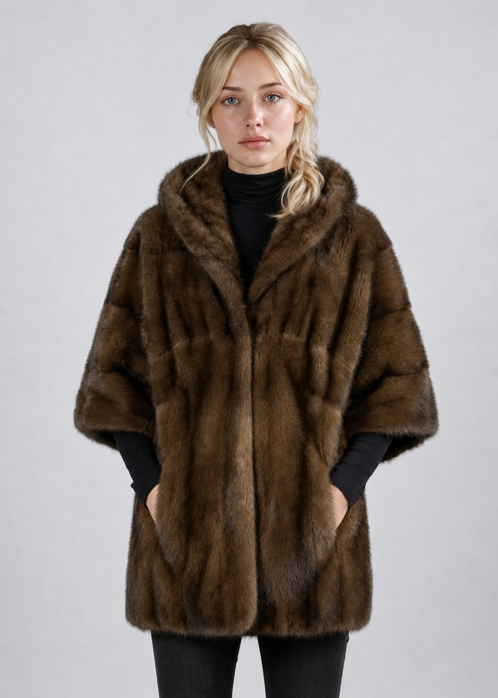 Hooded Mink Fur Swing Coat in Chestnut Brown | Pellusso