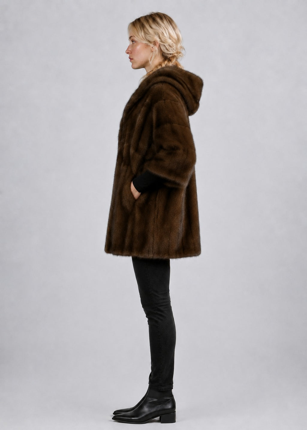 Hooded Mink Fur Swing Coat in Chestnut Brown | Pellusso